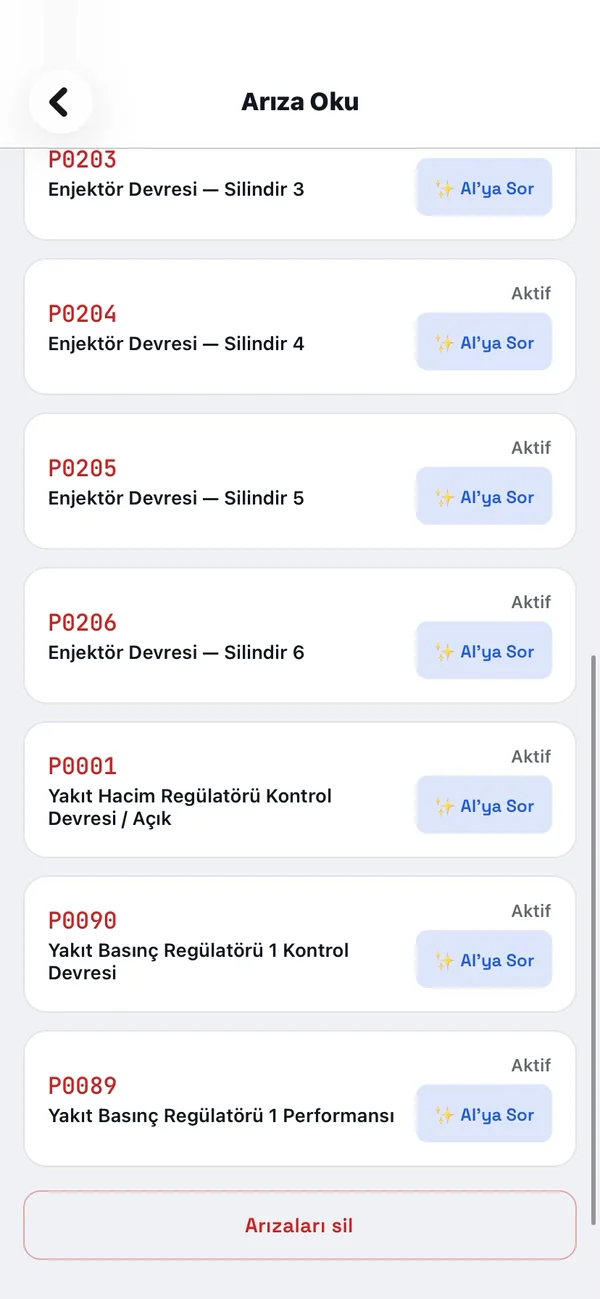 Arıza Oku ekranının sonunda Arızaları sil düğmesi